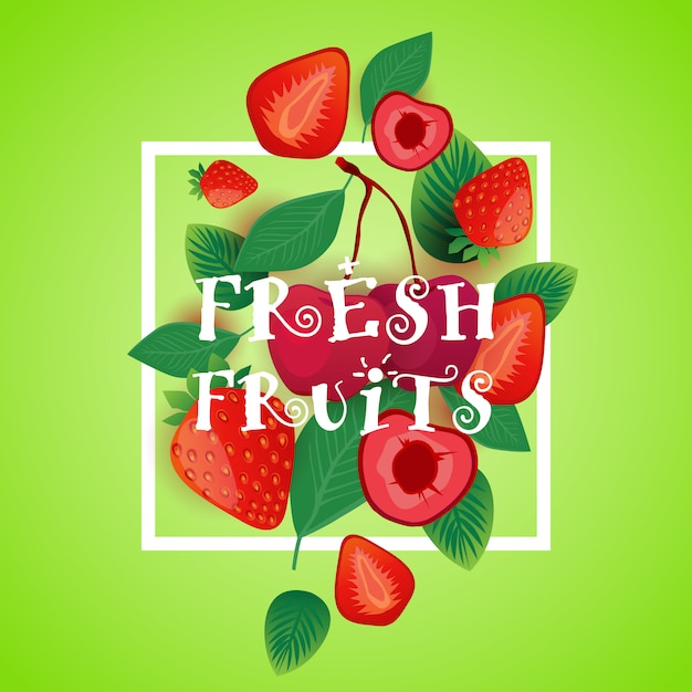 Fresh Fruits illustration With Strawberry And Cherry Organic Healthy Food Concept