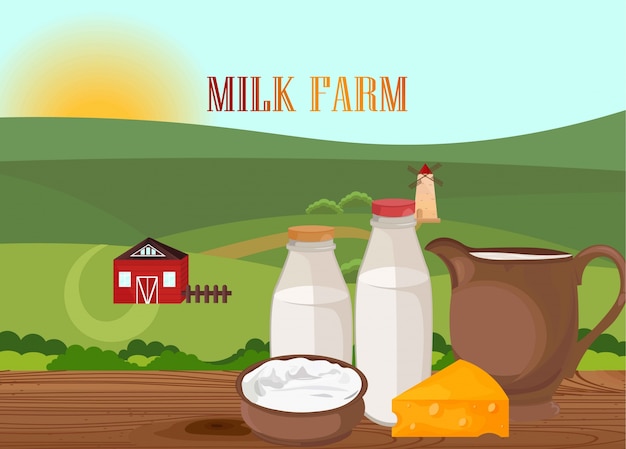 Vector fresh milk products . farm village flat style label template banner illustrations
