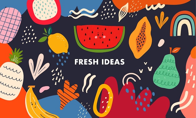 Fresh stylish template with abstract elements, doodles and fruits.