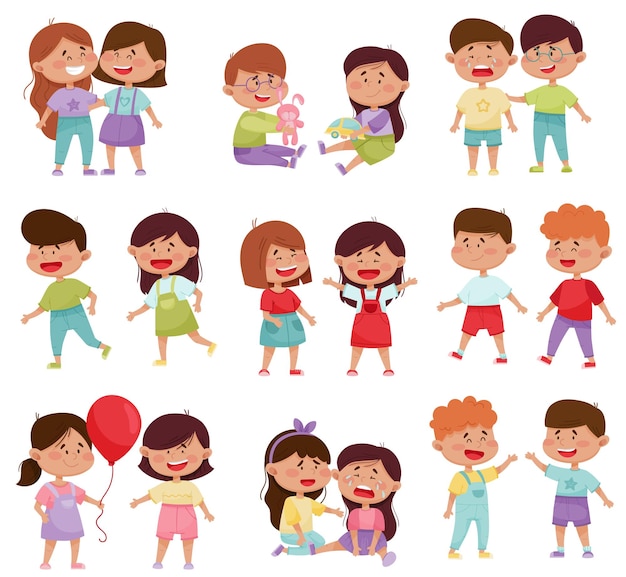 Vector friendly little kids holding hands and cheering up each other vector illustrations set