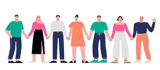 Vector friends standing together different people holding hands isolated friend young people group students company happy unity sapid vector characters illustration of characters different friendship