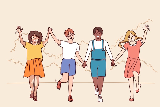 Vector friends teenagers diversity nationalities and races walk in park holding hands enjoying friendship