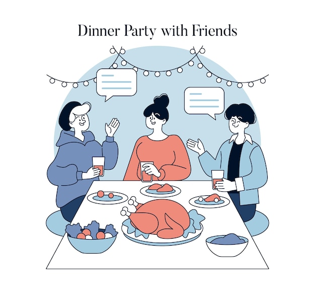 Vector friendship concept three friends enjoying a festive meal together sharing stories and laughter