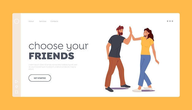 Friendship Landing Page Template Male and Female Characters Informal Greetings Happy People Giving High Five