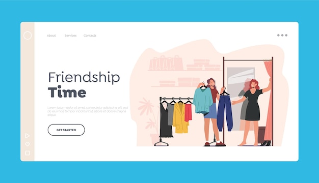 Vector friendship time landing page template young woman choosing dress in store sales assistant offer garment