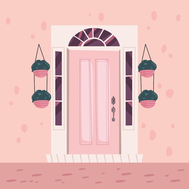 Front pink door with plants scene