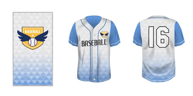 Vector front and rear view of baseball shirt with magnified emblem in realistic style isolated vector illustration