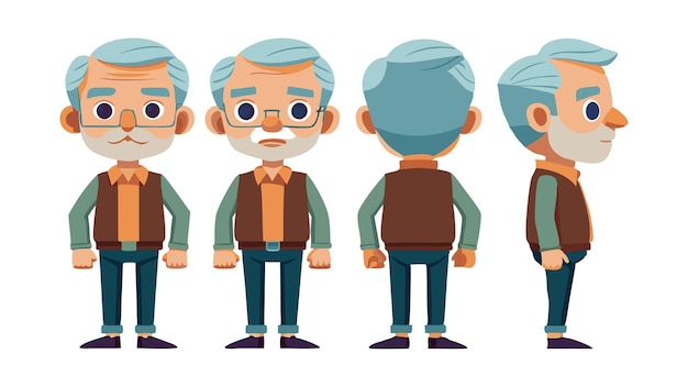 Vector front side back views of an elderly cartoon character with glasses and white beard