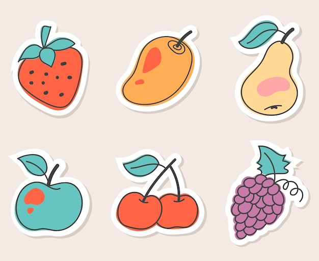 Fruits stickers doodle style cartoon isolated set collection design element concept illustration