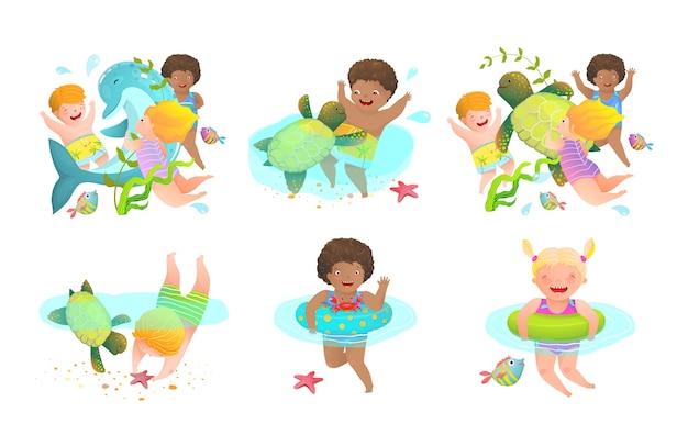 Vector fun kids and kindergarten cartoon water activities for children with inflatables and sea creatures.happy swimming vacation.  illustration.