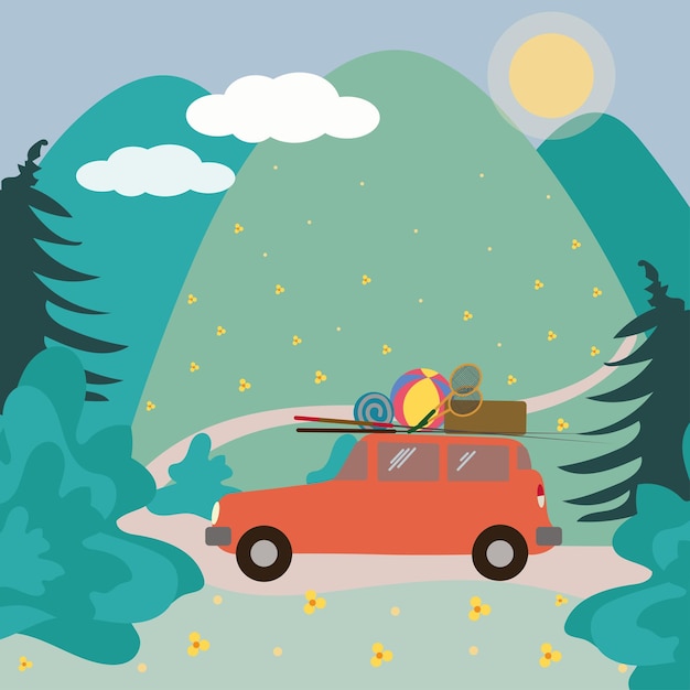 Fun trip to the forest and mountains by car, vector design