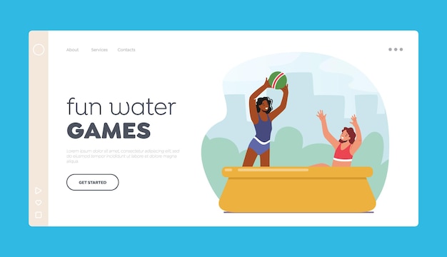 Fun Water Games Landing Page Template. Happy Family Characters Mother and Daughter Playing Ball in Swimming Pool. Mom with Girl Summertime Outdoor Activity. Cartoon People Vector Illustration