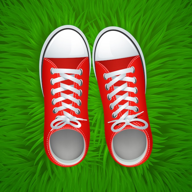 Funky red gumshoes top view on grass background vector illustration