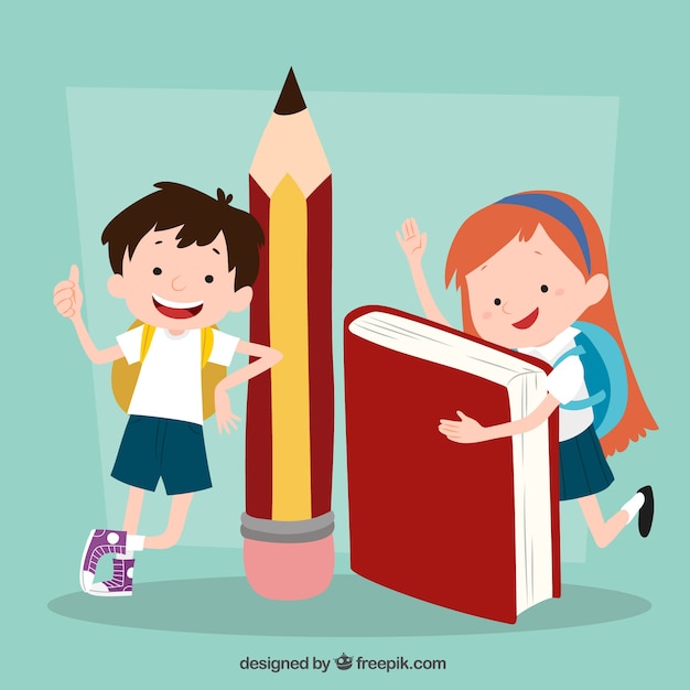 Funny background of children with school supplies