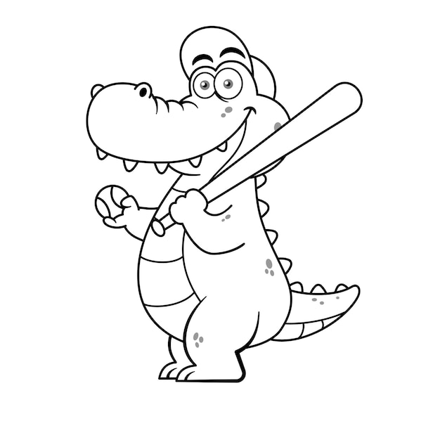 Funny Baseball Player Crocodile Cartoon Character Outline Premium Vector