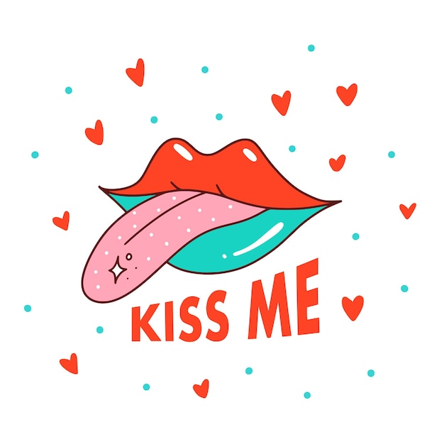 Vector funny cartoon illustration vector icon of lips with tongue slogan of kiss me comic element for sticker square poster graphic tee print bullet journal cover card nostalgia for 1980s 1990s