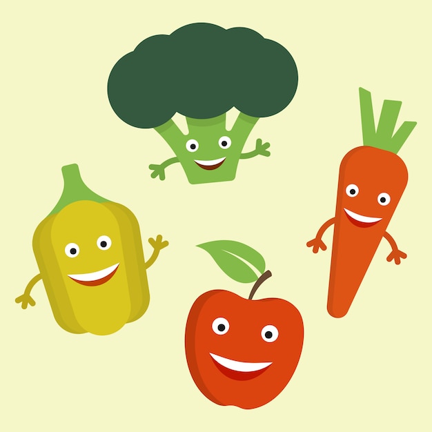 Funny cartoon vegetables with eyes and mouths illustration