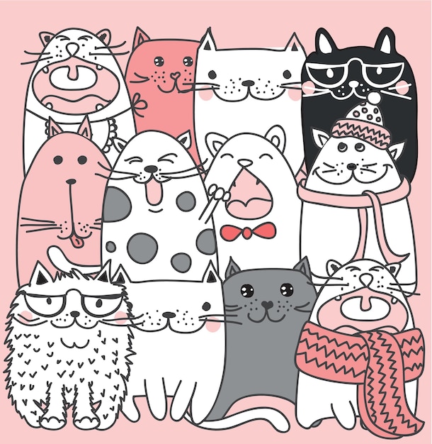 Funny cats doodles Set of 9 hand drawn characters in different poses Design elements for print stickers greeting cards tshirt poster Isolated on the background