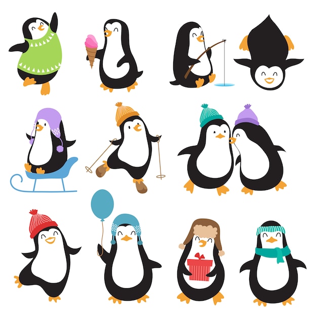 Funny christmas penguins vector characters