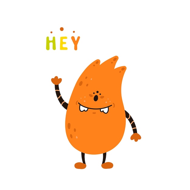 Funny and cute monster with doodle face says hey