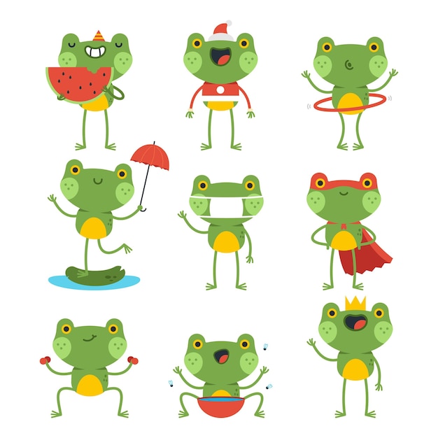 Vector funny frogs characters vector cartoon set isolated on a white background