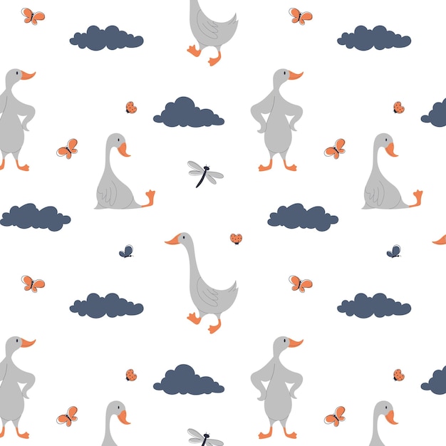 Vector funny geese seamless pattern