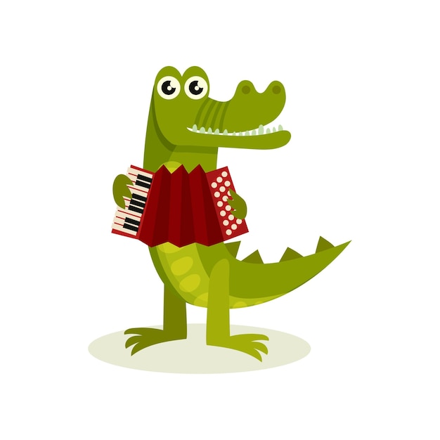 Funny humanized crocodile playing accordion Cartoon character of green predatory animal Graphic element for children book Colorful vector illustration in flat style isolated on white background