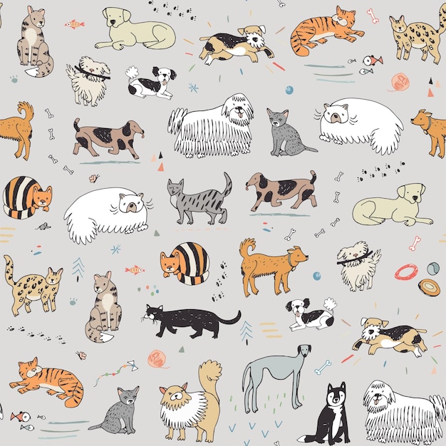 Vector funny pet dog and cat vector seamless pattern