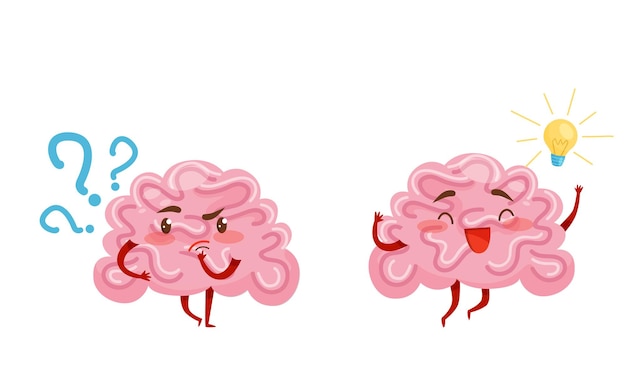 Vector funny pink brain with arms and legs thinking and finding idea or solution vector set