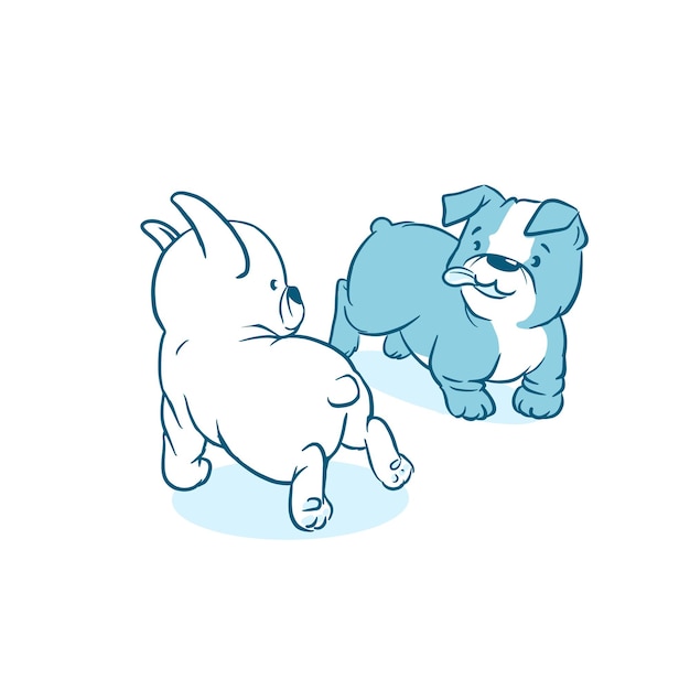 Funny pugdogs playing and running around line illustration