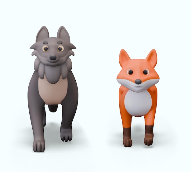 Vector funny wolf and fox in 3d cartoon style pair of predators isolated wild animals front view