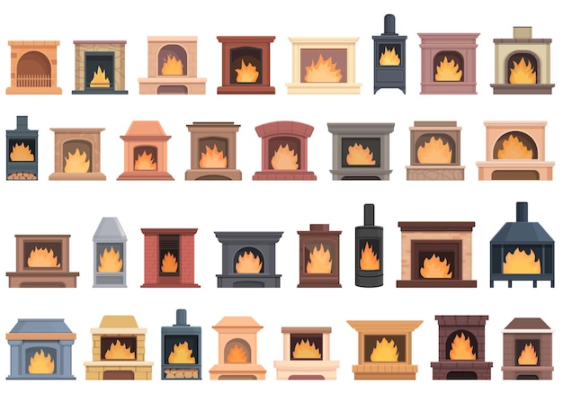 Furnace icons set cartoon vector Gas air Burn brick