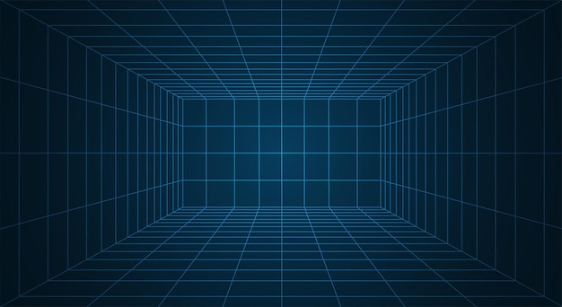 Vector futuristic 3d wireframe room perspective grid futuristic digital hallway space in virtual reality