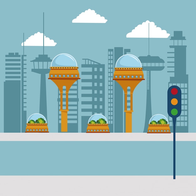 Vector futuristic city metropolis with traffic light in the street
