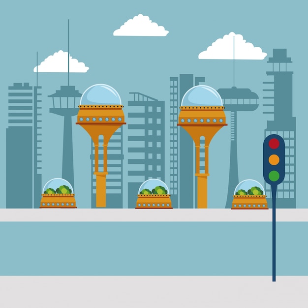 futuristic city metropolis with traffic light in the street