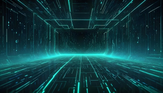 Vector a futuristic digital corridor with glowing green lines representing data and energy flow