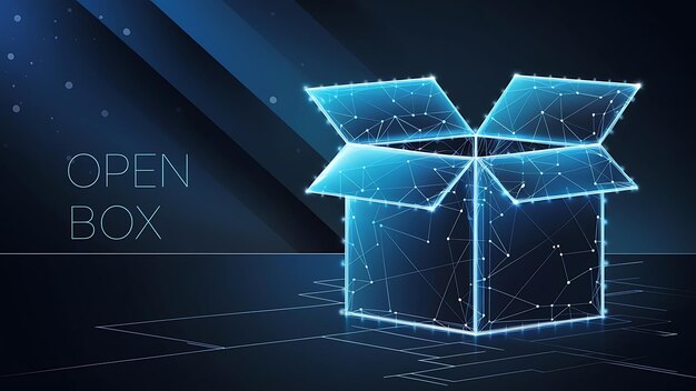 Vector futuristic glowing low polygonal open box isolated on dark blue background vector illustration