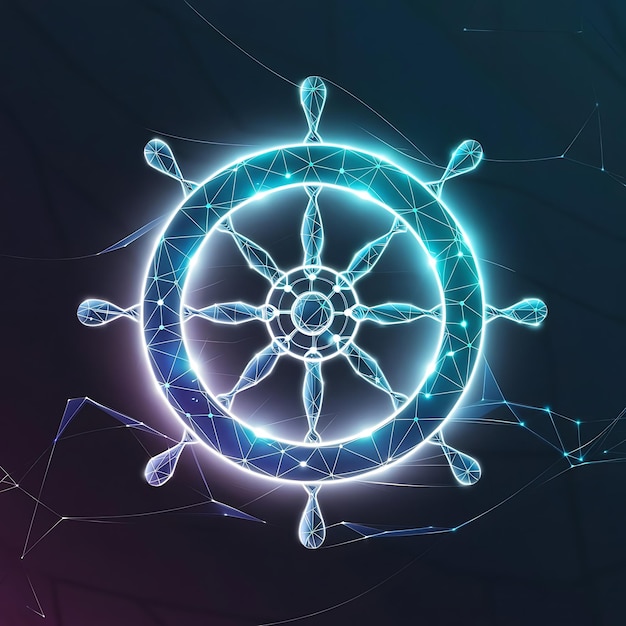 Vector futuristic glowing low polygonal ship wheel isolated illustration on dark blue background