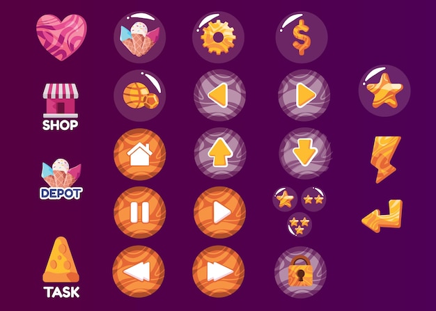 Vector game asset collection set of icon in bubble user interface button play pause next previous star