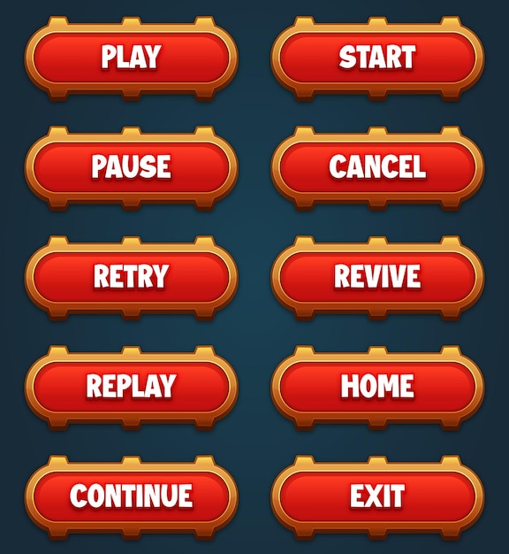 Vector game ui set of red buttons with editable text effect gui to build 2d games game buttons kit