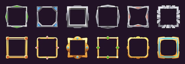 Vector game ui square frame empty border game asset items cartoon stylized sprite graphic elements gui icons for mobile app user interface vector set