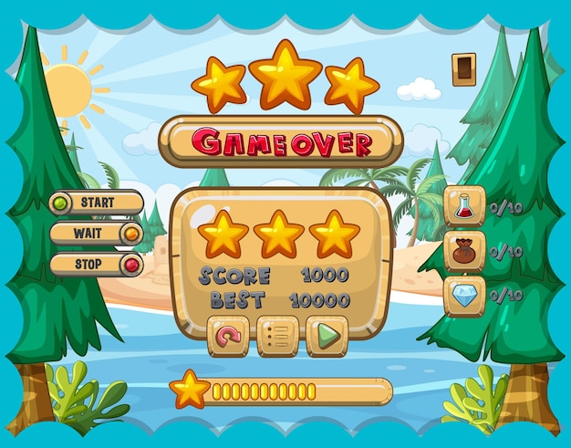 Vector game user interface with game over and three stars