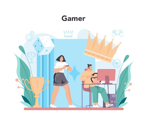 Gamer concept Person play on the computer video game Esports comunity pro streamer Virtual championship VR competition Vector illustration in cartoon style