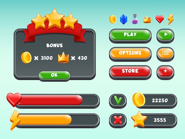 Games gui set, Mobile gaming user interface icons and items colored button status bar ribbons casual build 