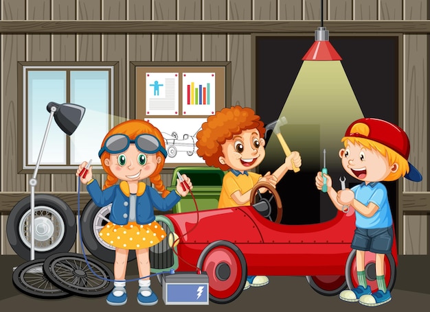 Garage scene with children fixing a car together