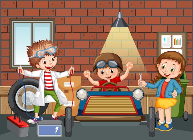 Garage scene with children fixing a car together