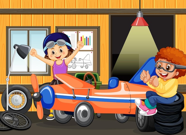 Garage scene with children fixing a car together