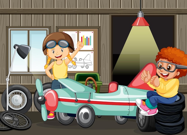 Garage scene with children fixing a car together