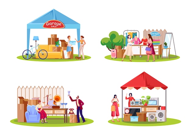 Vector garageverkoop platte illustraties set