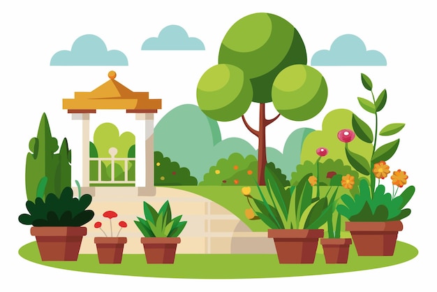 Vector a garden scene with a gazebo plants and a tree